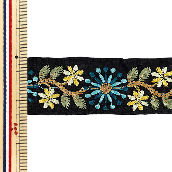 【数量5から】 手芸ブレード 『2025インド刺繍ブレード 約4cm幅 ブラック×グリーン M-5023G』