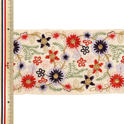 【数量5から】 手芸ブレード 『2025インド刺繍ブレード 約9cm幅 ベージュ×レッド M-5027J』