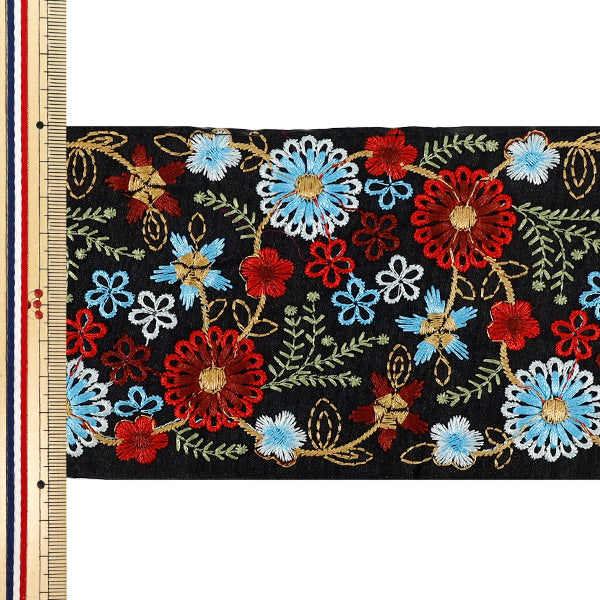 【数量5から】 手芸ブレード 『2025インド刺繍ブレード 約9.8cm幅 ブラック×ブルー M-5027E』