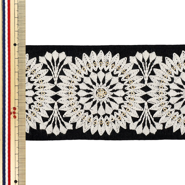 【数量5から】 手芸ブレード 『2025インド刺繍ブレード 約7cm幅 ブラック×ホワイト M-950#2』