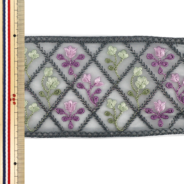 【数量5から】 手芸ブレード 『2026インド刺繍ブレード 約8cm幅 グレー×グリーン M-5127I』