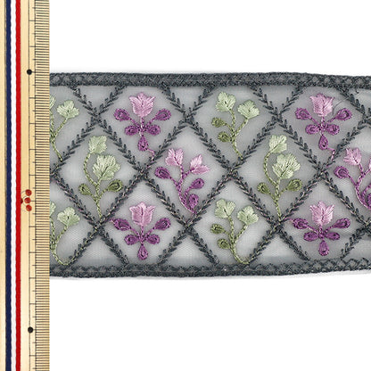 【数量5から】 手芸ブレード 『2026インド刺繍ブレード 約8cm幅 グレー×グリーン M-5127I』