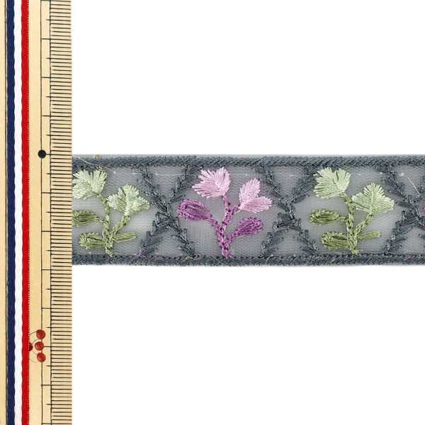 【数量5から】 手芸ブレード 『2026インド刺繍ブレード 約3cm幅 グレー×グリーン M-5129I』