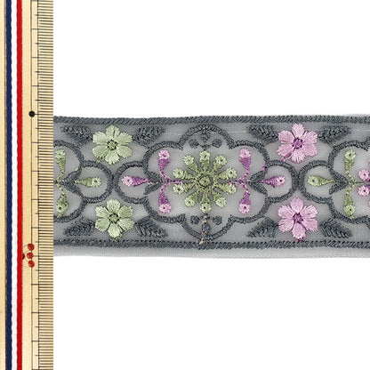 【数量5から】 手芸ブレード 『2026インド刺繍ブレード 約5cm幅 グレー×グリーン M-5131A』