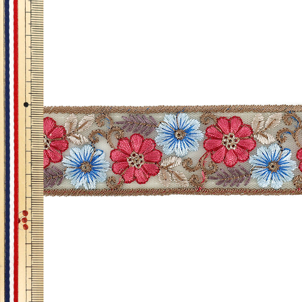 【数量5から】 手芸ブレード 『2026インド刺繍ブレード 約4cm幅 ベージュ×ピンク M-5073H』