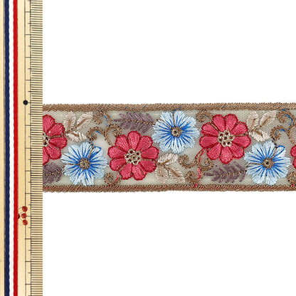 【数量5から】 手芸ブレード 『2026インド刺繍ブレード 約4cm幅 ベージュ×ピンク M-5073H』