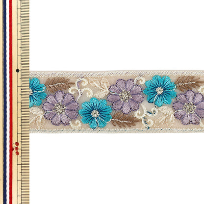 【数量5から】 手芸ブレード 『2026インド刺繍ブレード 約4cm幅 ベージュ×ブルー M-5073I』