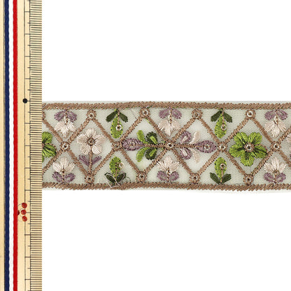 【数量5から】 手芸ブレード 『2026インド刺繍ブレード 約4cm幅 ベージュ×グリーン M-5077H』