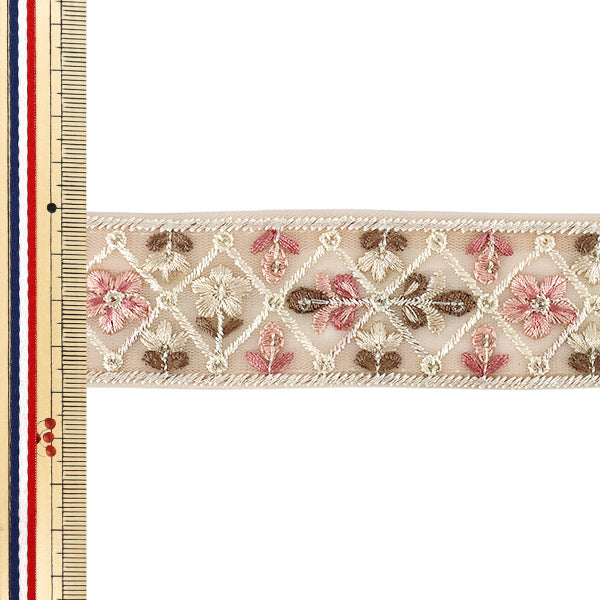 [数量从5起] 手工艺品饰边 『2026印度刺绣饰边 约 4 厘米宽米色 x 粉红色 M-5077I''