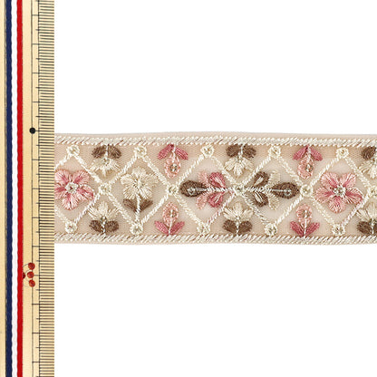 [数量从5起] 手工艺品饰边 『2026印度刺绣饰边 约 4 厘米宽米色 x 粉红色 M-5077I''
