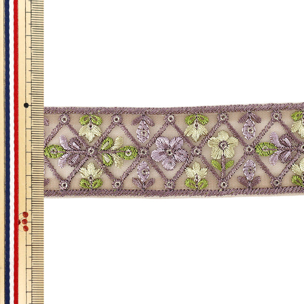 【数量5から】 手芸ブレード 『2026インド刺繍ブレード 約4cm幅 パープル×グリーン M-5077J』