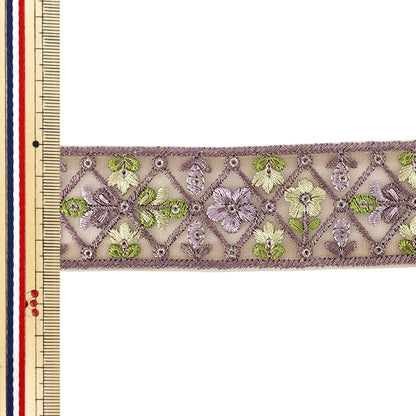 【数量5から】 手芸ブレード 『2026インド刺繍ブレード 約4cm幅 パープル×グリーン M-5077J』
