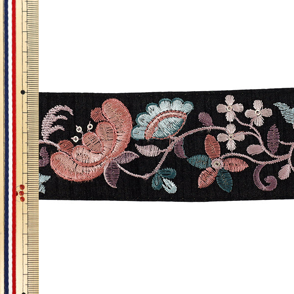 【数量5から】 手芸ブレード 『2026インド刺繍ブレード 約5.3cm幅 ブラック×ピンク M-5162N』
