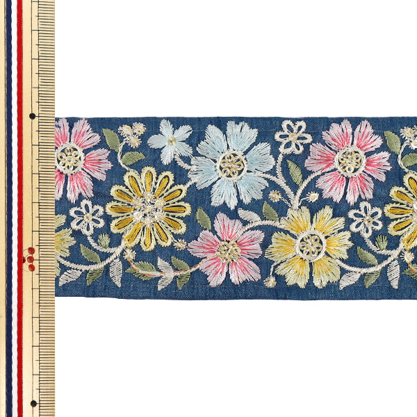 【数量5から】 手芸ブレード 『2026インド刺繍ブレード 約6.3cm幅 ブルー×イエロー 48608A』
