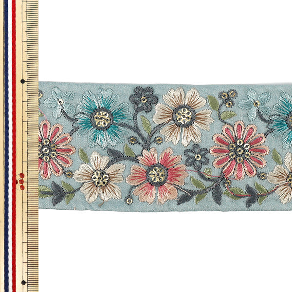 【数量5から】 手芸ブレード 『2026インド刺繍ブレード 約6.3cm幅 ブルー×ピンク 48608G』