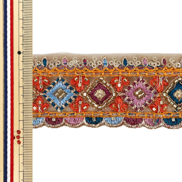 【数量5から】 手芸ブレード 『2026インド刺繍ブレード 約4.5cm幅 ベージュ×オレンジ 48588F』