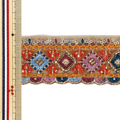 【数量5から】 手芸ブレード 『2026インド刺繍ブレード 約4.5cm幅 ベージュ×オレンジ 48588F』