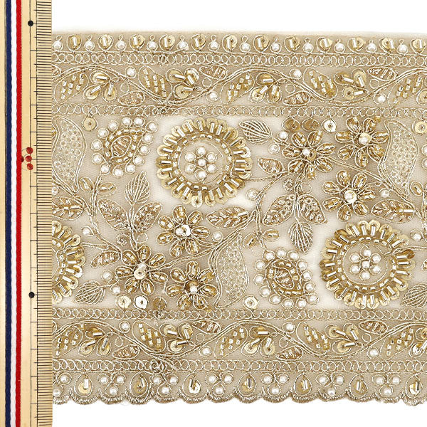 【数量5から】 手芸ブレード 『2026インド刺繍ブレード 約13.5cm幅 ベージュ×ゴールド 48591B』