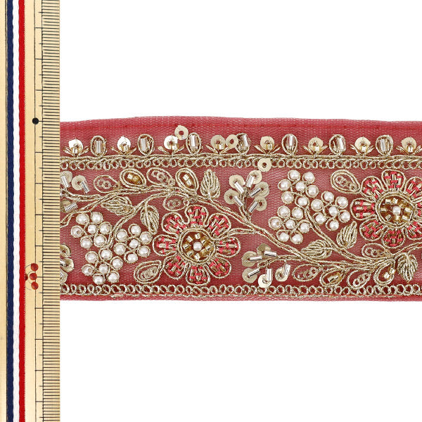 【数量5から】 手芸ブレード 『2026インド刺繍ブレード 約5.5cm幅 レッド×ゴールド 48598A』