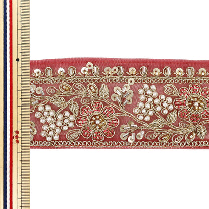 【数量5から】 手芸ブレード 『2026インド刺繍ブレード 約5.5cm幅 レッド×ゴールド 48598A』