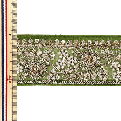 【数量5から】 手芸ブレード 『2026インド刺繍ブレード 約5.5cm幅 グリーン×ゴールド 48598G』