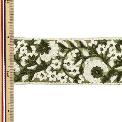 【数量5から】 手芸ブレード 『2026インド刺繍ブレード 約6.5cm幅 グリーン×ホワイト 711#3』
