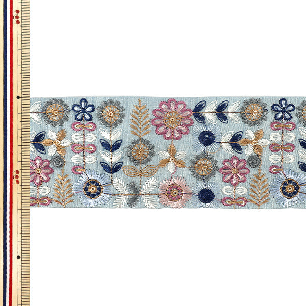【数量5から】 手芸ブレード 『2026インド刺繍ブレード 約7cm幅 スカイブルー M-5370C』