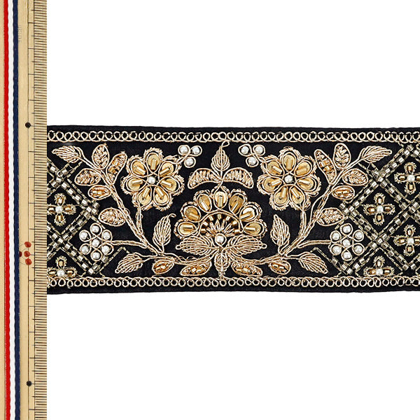 【数量5から】 手芸ブレード 『2026インド刺繍ブレード 約6.5cm幅 ブラック×ゴールド 48708C』