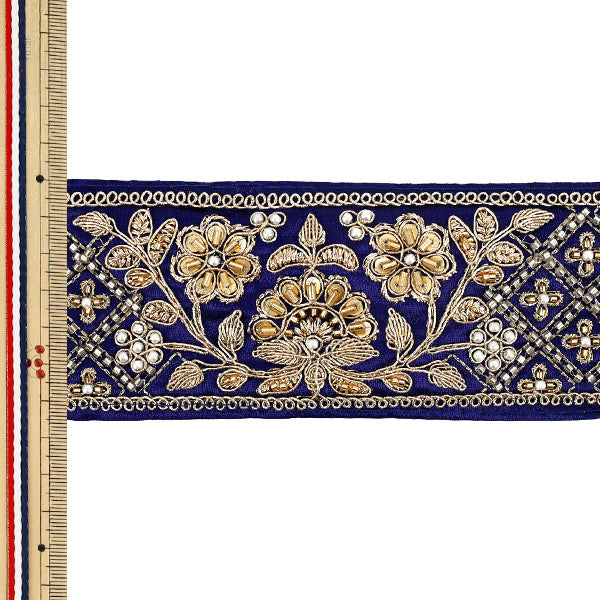 【数量5から】 手芸ブレード 『2026インド刺繍ブレード 約6.5cm幅 ブルー×ゴールド 48708G』