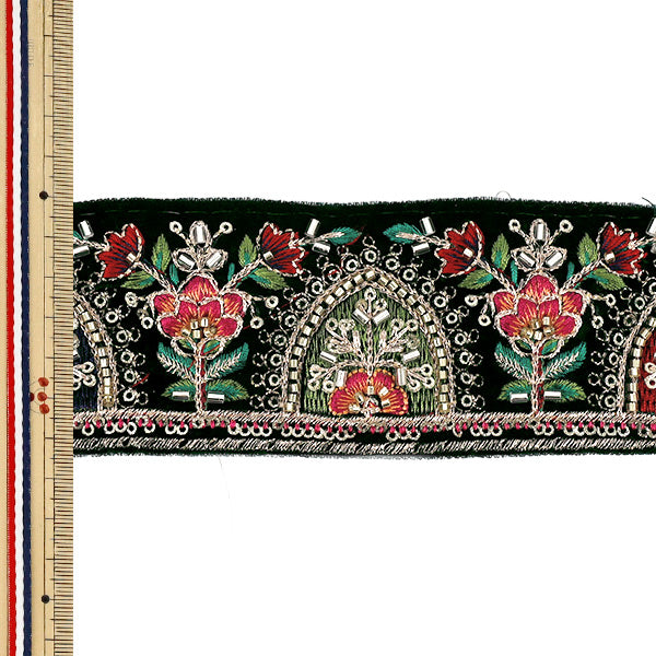 【数量5から】 手芸ブレード 『2026インド刺繍ブレード 約6.5cm幅 グリーン 48872A』