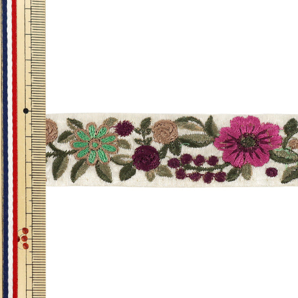 【数量5から】 手芸ブレード 『インド刺繍ブレード 約3cm幅 ホワイト×ピンク Ok1001A』