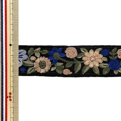 【数量5から】 手芸ブレード 『インド刺繍ブレード 約3cm幅 ブラック×ブルー Ok1001H』