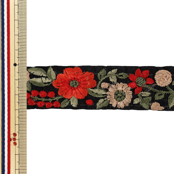 【数量5から】 手芸ブレード 『インド刺繍ブレード 約3cm幅 ブラック×レッド Ok1001J』