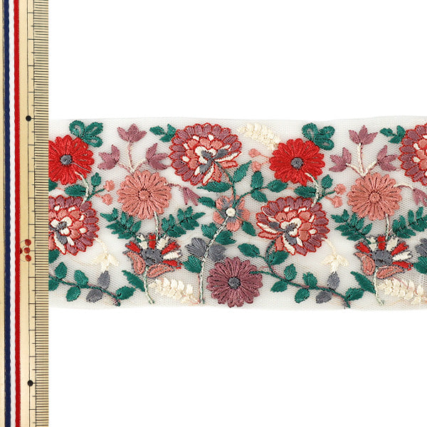 【数量5から】 手芸ブレード 『インド刺繍ブレード 約7cm幅 レッド Ok-1015E』
