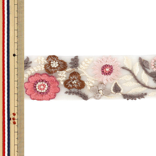 【数量5から】 手芸ブレード 『2026インド刺繍ブレード 約3.5cm幅 ホワイト×ピンク OK-1060C』
