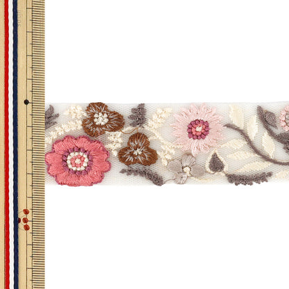 【数量5から】 手芸ブレード 『2026インド刺繍ブレード 約3.5cm幅 ホワイト×ピンク OK-1060C』