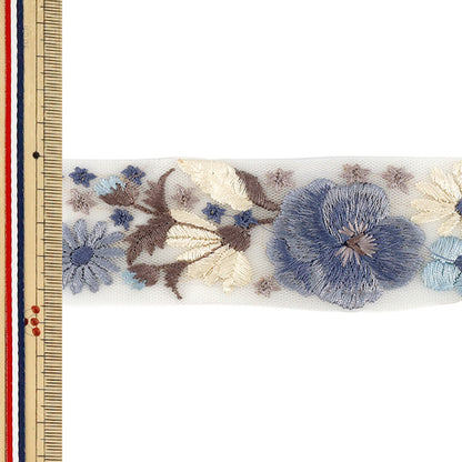 [Cantidad a partir de 5] ArtesaníasRibete 『2026Ribete bordado indio Aproximadamente 4,5 cm de ancho Blanco x Azul OK-1061C”