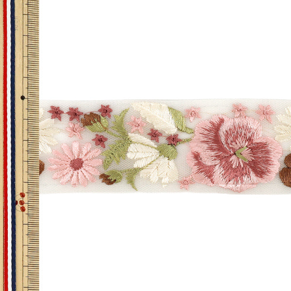 [Quantité à partir de 5] ArtisanatGarniture 『2026Garniture de broderie indienne Env. 4,5 cm de largeur Blanc x Rose OK-1061G”
