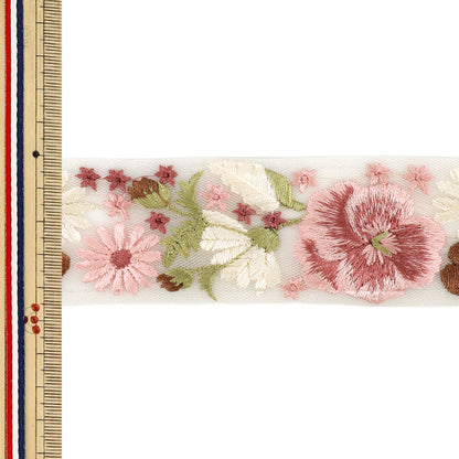 [Quantité à partir de 5] ArtisanatGarniture 『2026Garniture de broderie indienne Env. 4,5 cm de largeur Blanc x Rose OK-1061G”