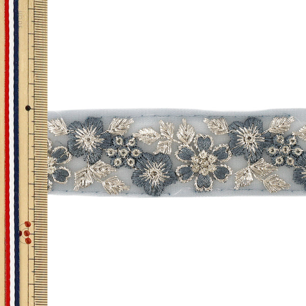 [Cantidad a partir de 5] ArtesaníasRibete 『2026Ribete bordado indio Aproximadamente 3,5 cm de ancho Gris M-5580M”