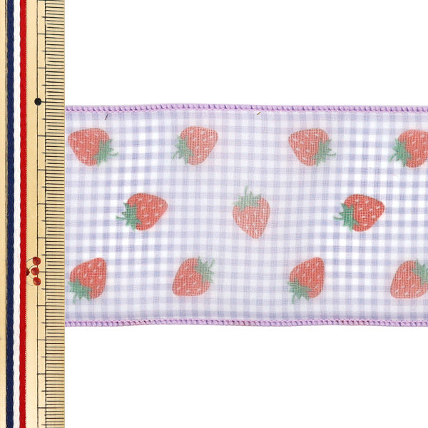 【数量5から】 リボン 『ストロベリープリントチェックリボン 幅約65mm 2番色 K252T-TPY8』