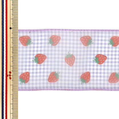 【数量5から】 リボン 『ストロベリープリントチェックリボン 幅約65mm 2番色 K252T-TPY8』