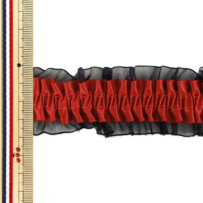【数量5から】 フリルリボン 『ストレッチWリボンフリル 約3cm幅 ブラック×レッド FRS2501』
