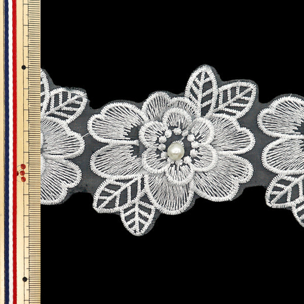 ビーズ刺繍カボション☆オーガンジーリボン☆ツートンカラー 数量5から】 レースリボン 『刺繍オーガンジーフラワー グレー DCL2443