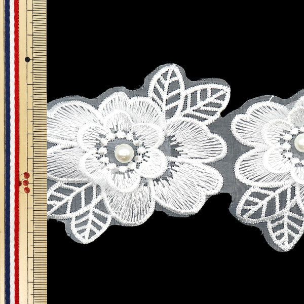 数量5から】 レースリボン 『刺繍オーガンジーフラワー ホワイト