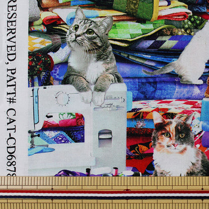 [From quantity 5] Fabric "Inkjet print cat and sewing machine CAT-CD6878" USA cotton