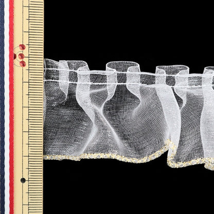 【数量5から】 フリルリボンテープ 『オーガンジーフリル 幅約45mm 3番色 白×金 7711F-3』