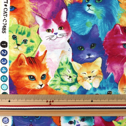 [From quantity 5] Fabric "Inkjet print Colorful Cat C7485-MULTI" USA cotton