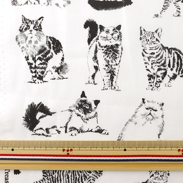 [De la cantidad 5] Fabric "Boceto de gato impreso de inyección de tinta C8241-White" USA Cotton