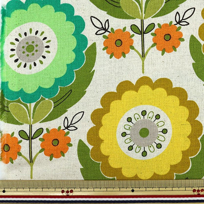 [De la quantité 5] Tissu "Toile en lin en coton motif de fleur vert x jaune 99098-1c"